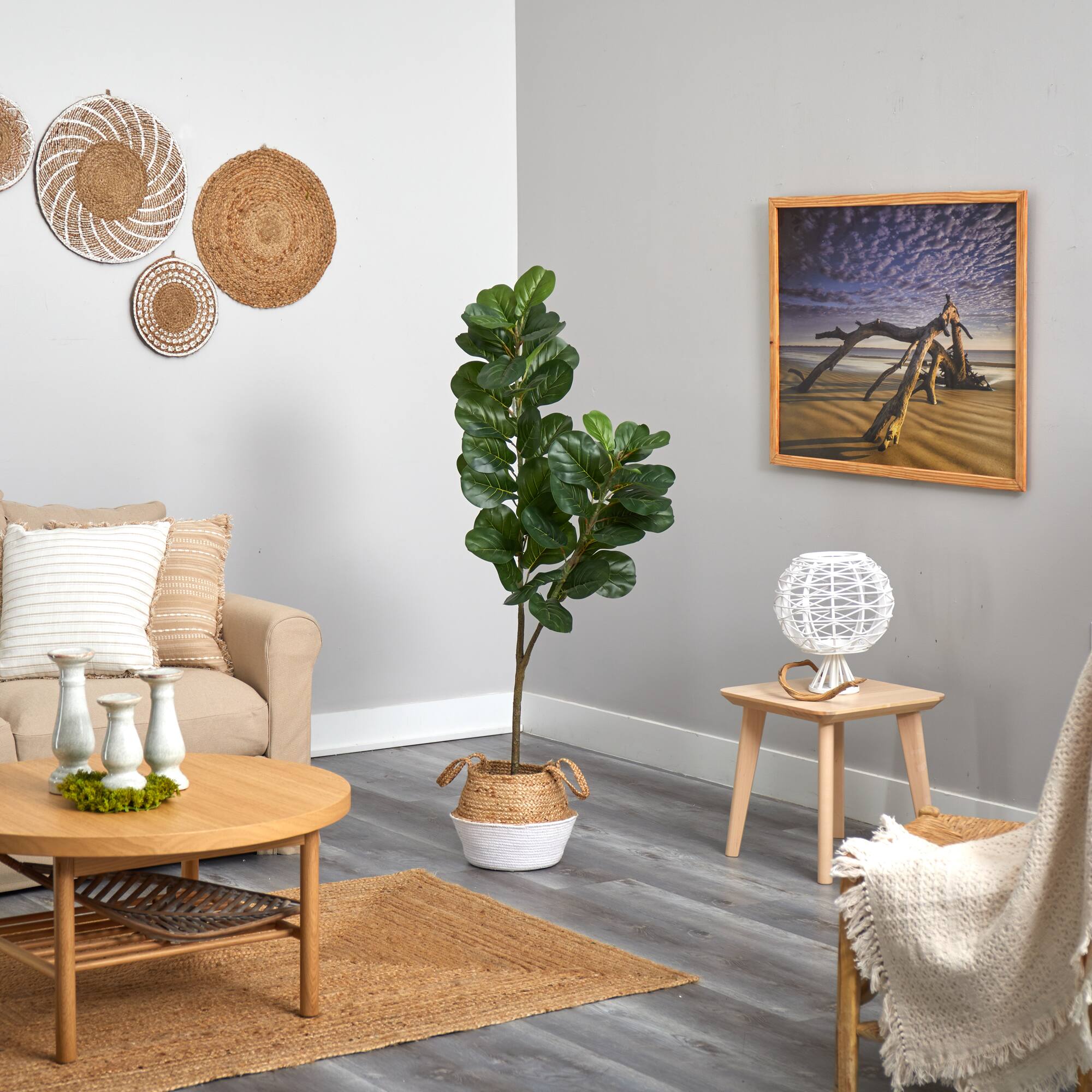 4.5ft. Fiddle Leaf Fig Artificial Tree with Boho Chic Handmade Cotton & Jute White Woven Planter